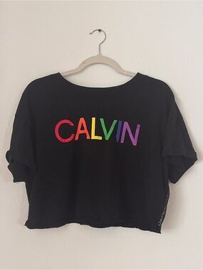 Calvin Klein Black Tee with Rainbow 'CALVIN KLEIN' Trim